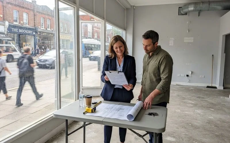 A commercial agent and a business owner reviewing a floor plan and lease summary in an empty retail unit