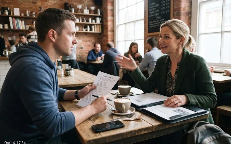 A person taking notes on a printed question list while interviewing a real estate agent across a desk