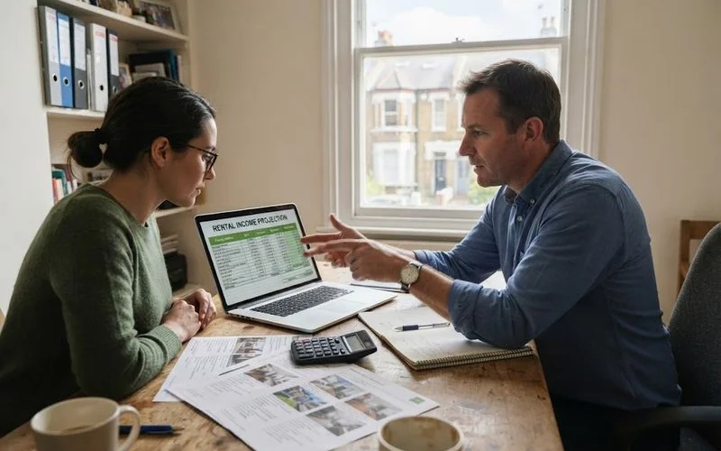 An investor and an agent examining a spreadsheet of rent and expense estimates beside a printed listing sheet
